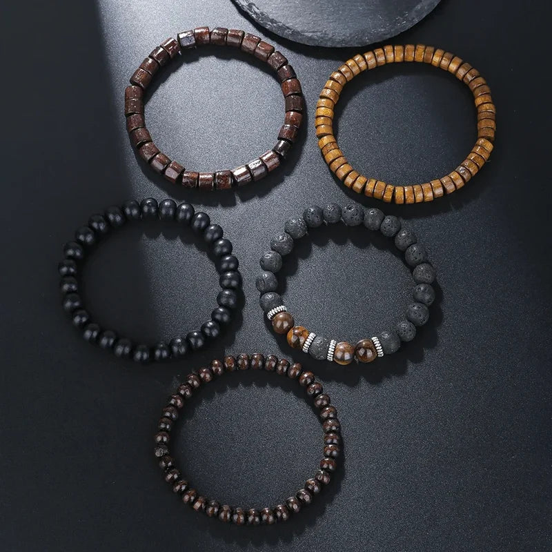Multi-layer Wooden Bead Bracelet Set for Men - Adjustable Rustic Style Jewelry