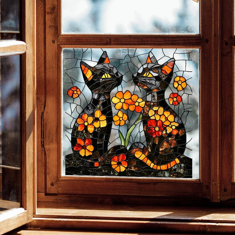 Cartoon Kitten Flower Glass Stickers for Wall Decoration - 1 Piece