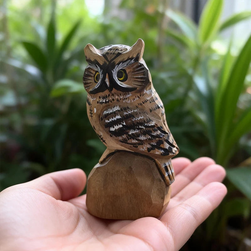 Hand Carved Wooden Owl Figurine Animal Decor Ornament - Home & Gift