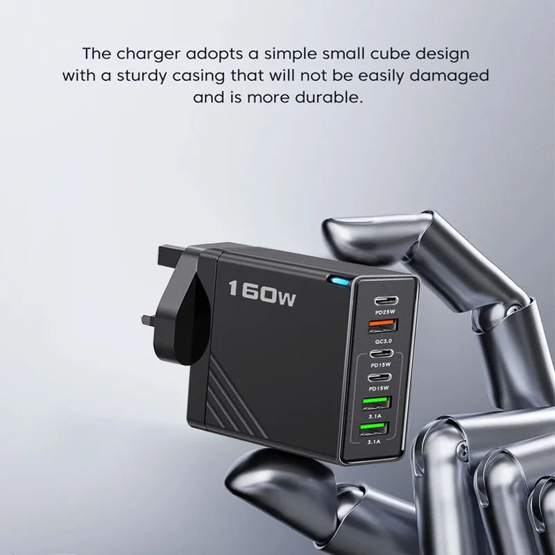 160W Multi-Port USB Type C Phone Charger Adapter with EU/US/UK Plugs