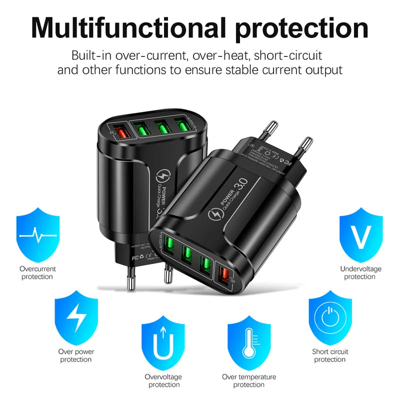 4 Ports USB Fast Charger 48W Wall Adapter Quick Charge 3.0 for Smartphones