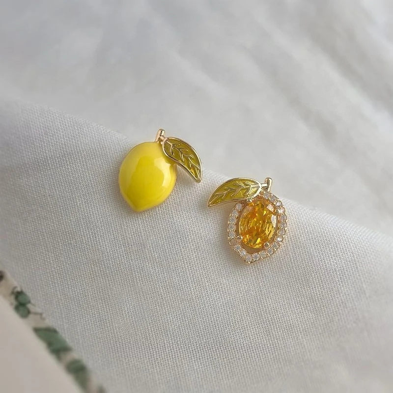 Summer Fruit Zircon Stud Earrings for Women - Cute Lemon Design Party Jewelry