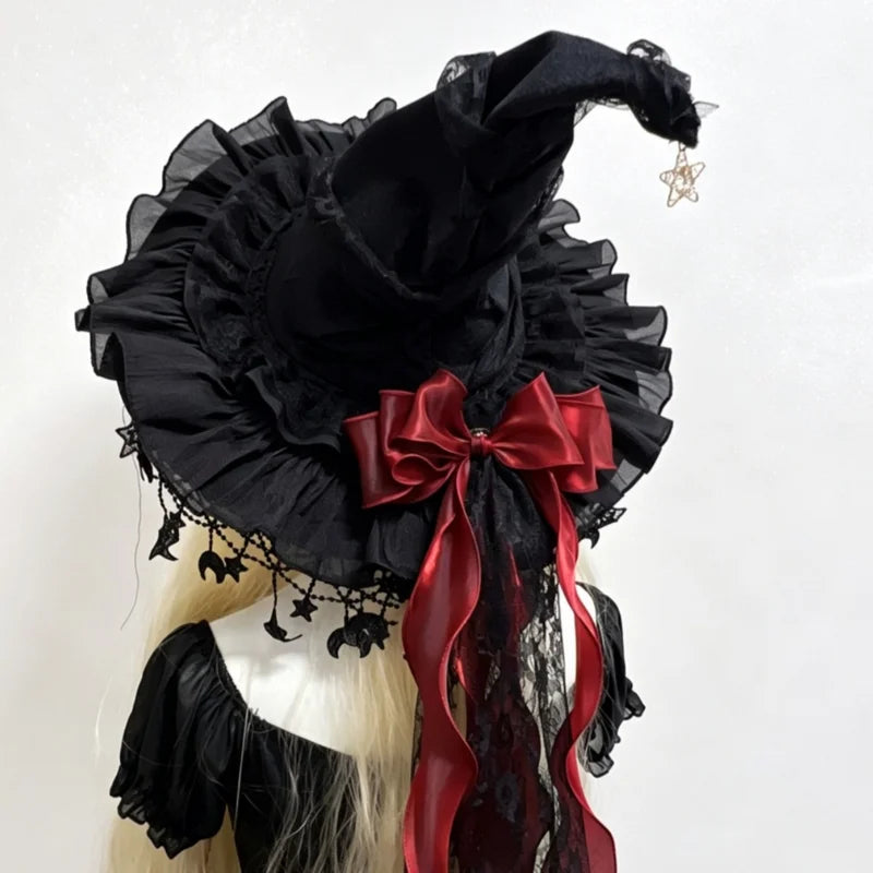 Velvet Lace Witch Hat with Moon Pendant - Halloween Costume Party Accessory