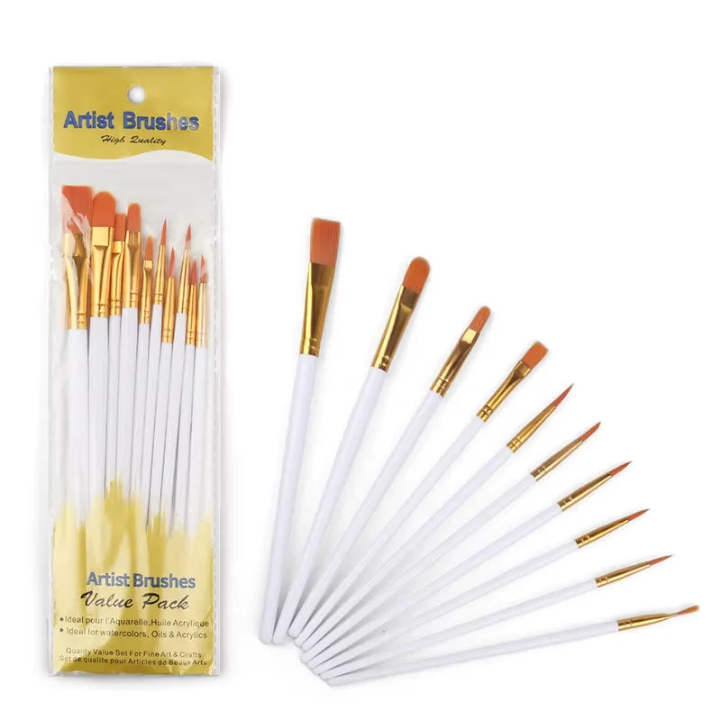 10-Piece Artist Paint Brush Set - Nylon Bristle Watercolor, Acrylic & Oil Brushes