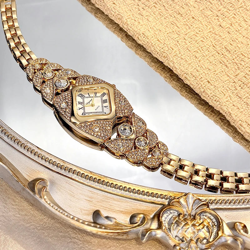 Vintage Diamond-Embellished Women's Watch with Diamond-Shaped Face & Gold Bracelet