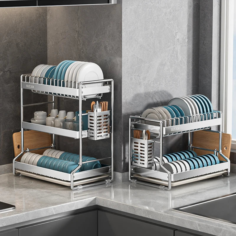 Stainless Steel Kitchen Storage Rack with Multiple Tiers for Plates Bowls Utensils