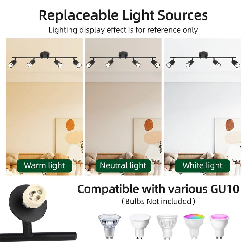 Modern Rotatable Ceiling Track Light with GU10 Bulb Holder - 6-Head LED Chandelier for Kitchen Living Room Home