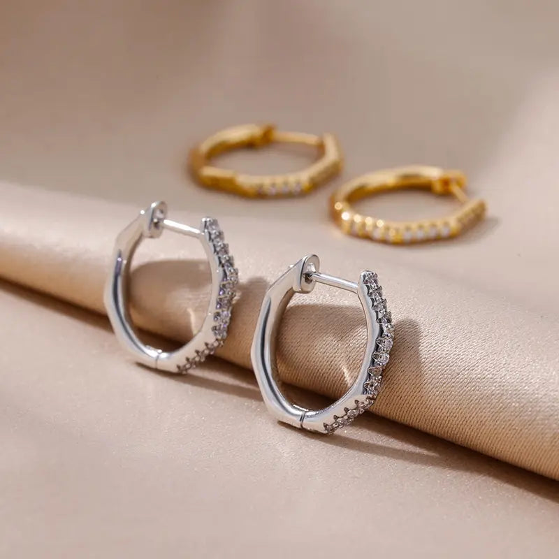 Polygon Zirconia Earrings for Women Stainless Steel Hoop Jewelry Trend 2024