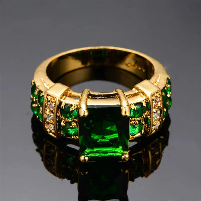 Green Crystal Ring Charm Gold Tone Wedding Engagement Jewelry for Women