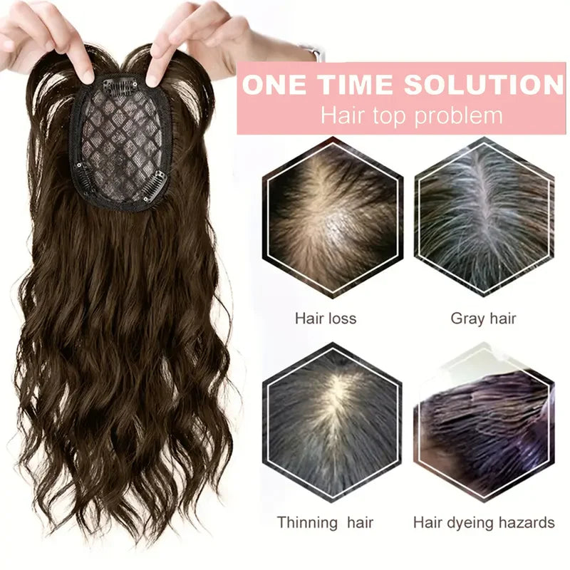 14 Inch Synthetic Wavy Clip-In Hair Topper with Bangs for Women - Curly Fluffy Hairpiece