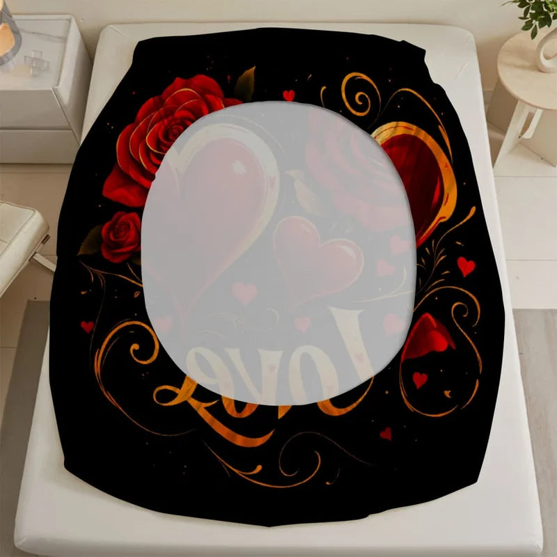 Romantic Red Roses & Love Text Print Fitted Sheet Deep Pocket Mattress Cover
