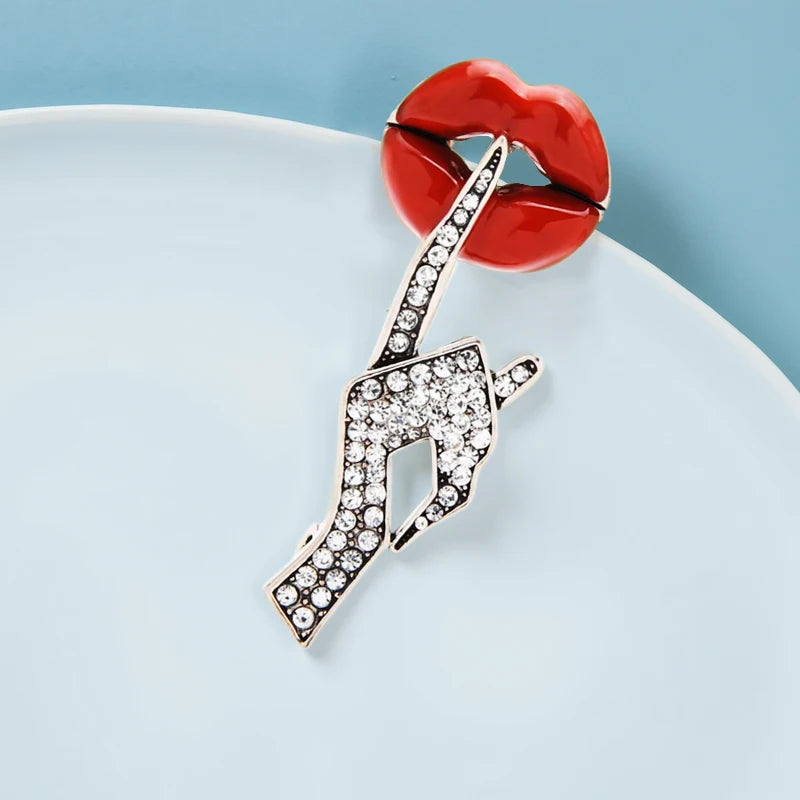 Women Hand Gesture Lip Brooch Pin - Red Enamel Jewelry Gift