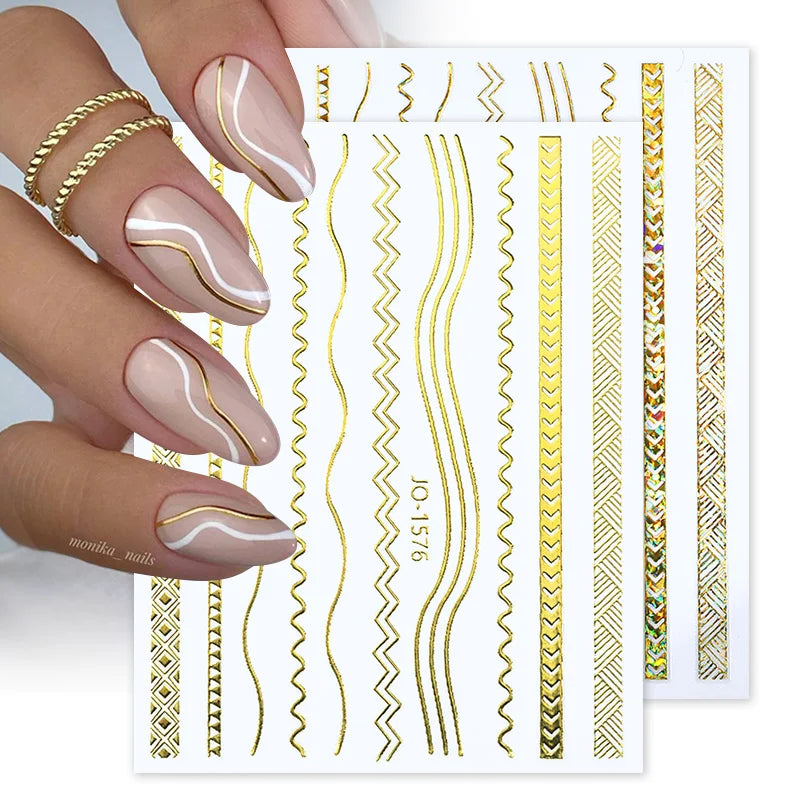 3D Nail Stickers Set with Gold Silver Geometric Floral Designs for Nail Art