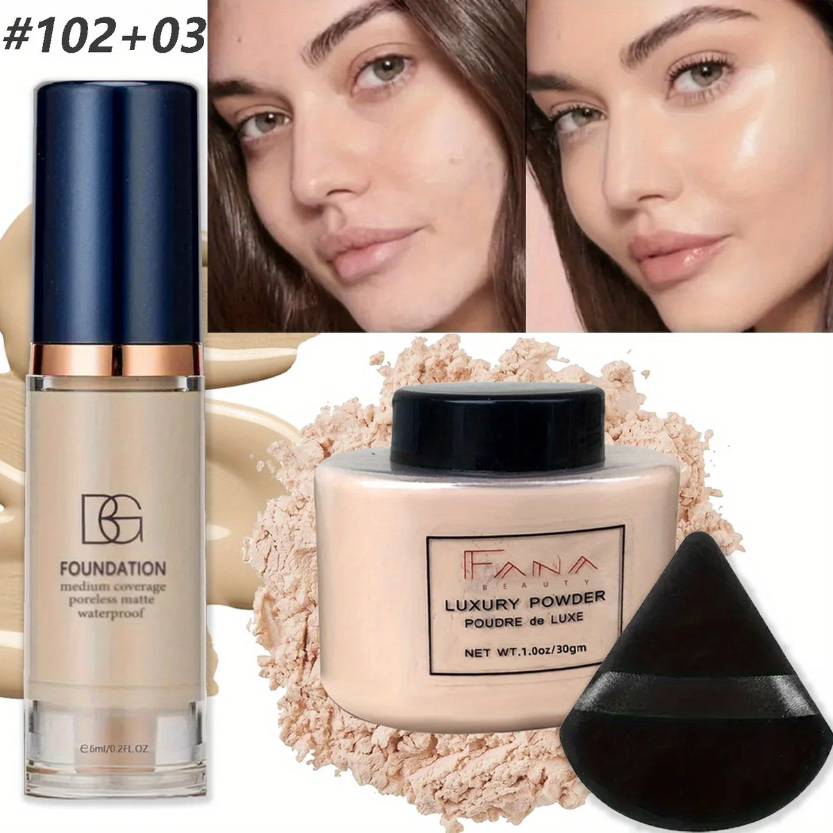 Matte Finish Oil-Control Foundation Powder Set with Puff - Long Lasting, Waterproof, Buildable Covering Dark Circles