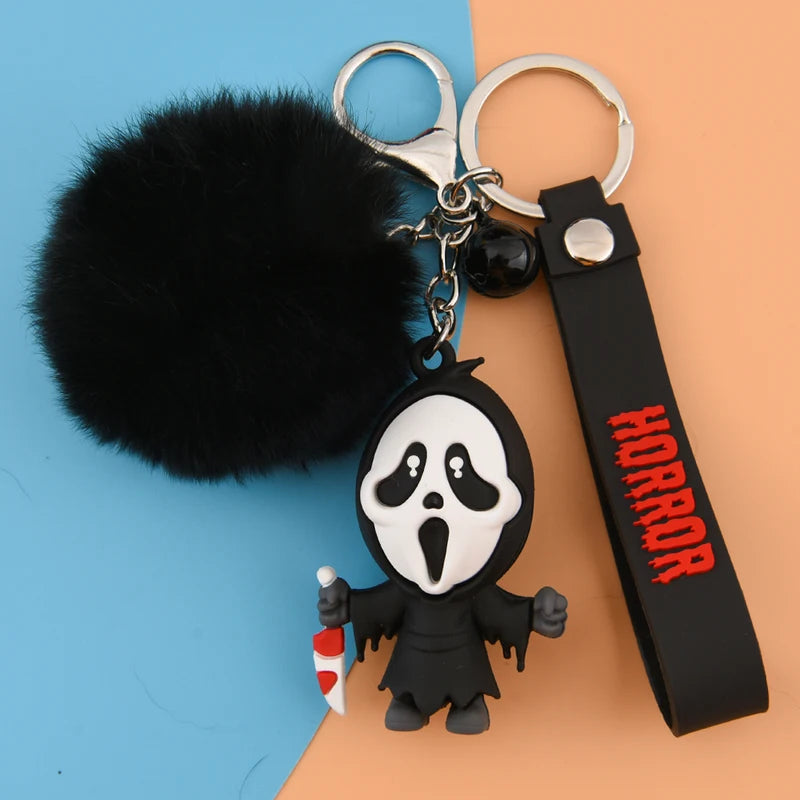 Creepy-Cute Ghost Keychain with Black Fur Ball Gothic Charm Halloween Accessory
