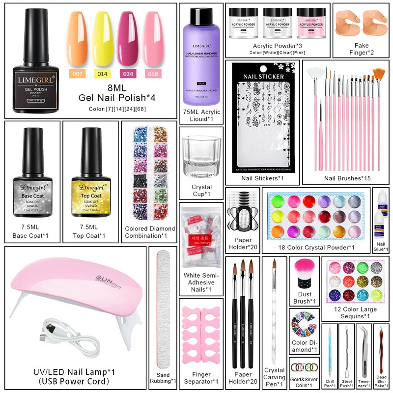 Professional Manicure Set with Acrylic & Glitter Powders Nail Kit with Liquid and Crystal Decor