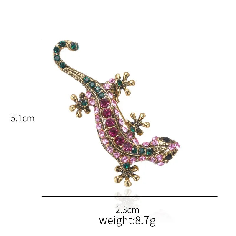 Crystal Stone Lizard Brooch with Bright Flowers and Gemstone Accents - Unisex Metal Pin