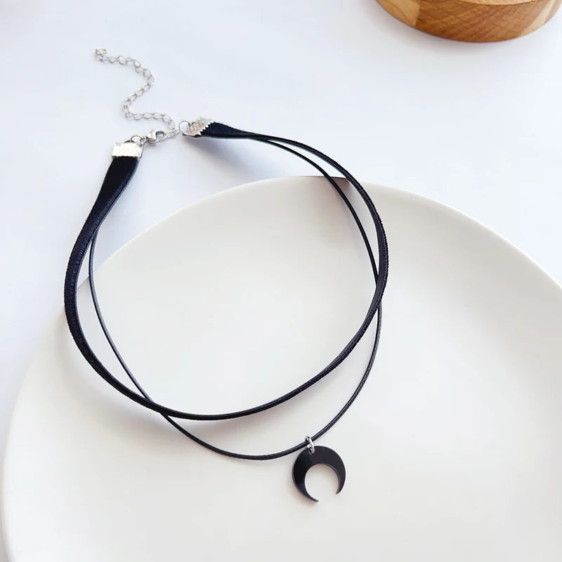 Black Acrylic Moon Crescent Pendant Choker Necklace for Women