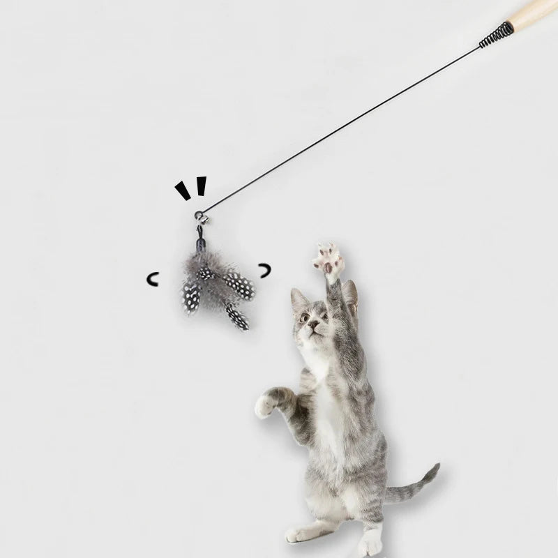 Wooden Handle Spring Teasing Cat Toy with Pearl Feather Replacement Head - Boredom Relief Pet Supply