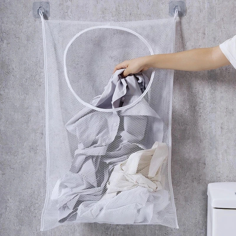 Foldable Mesh Laundry Basket with Wall Hook - Clothing Organizer & Storage Bag