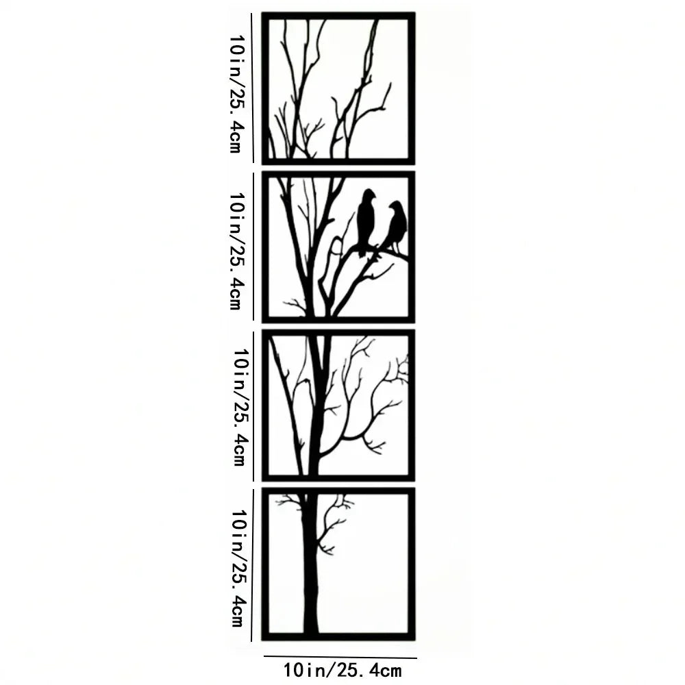 4-Piece Metal Tree & Bird Wall Art Set - Elegant Home Decor