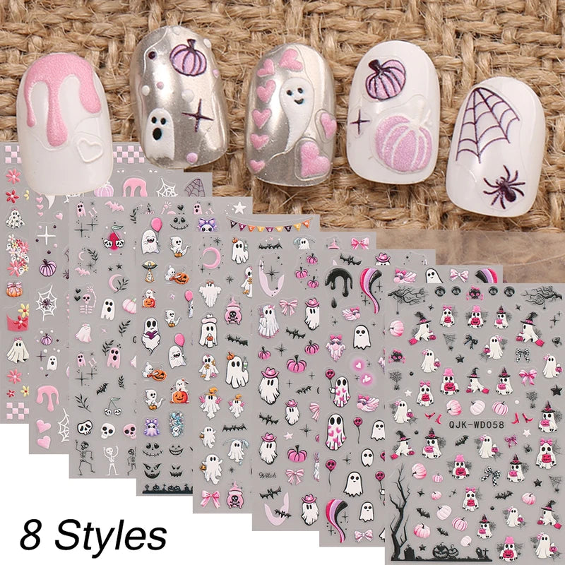 Halloween 3D Nail Art Stickers Ghost Pumpkin Spider Web Bat Manicure Decals