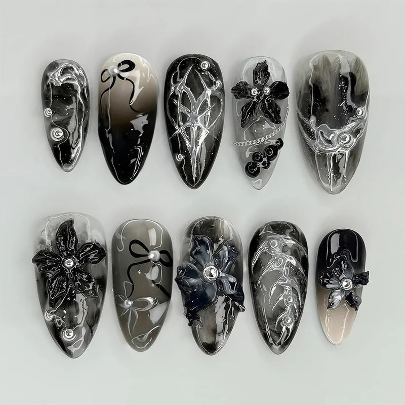24Pcs Black Gothic Press On Nails Medium Almond Fake Nails with 3D Flowers & Gradient Designs