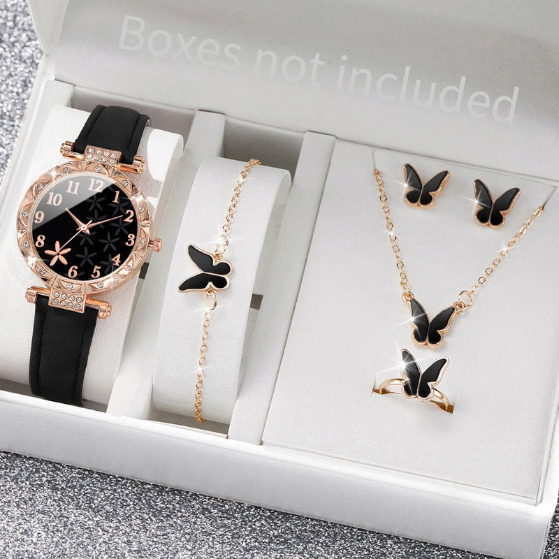 Fashion Women’s Quartz Watch Set with Leather Band and Rhinestones – Multiple Colors