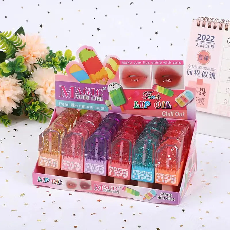 24Pcs Lip Gloss Set Moisturizing Long-Lasting Lip Oil for Girls - Ice Cream Theme
