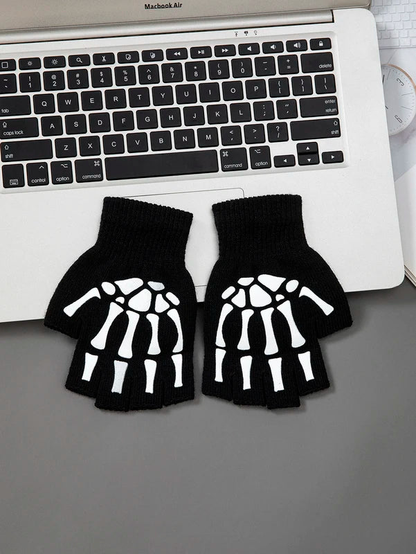 Kids Halloween Skeleton Skull Half Finger Luminous Punk Gloves Black & Green