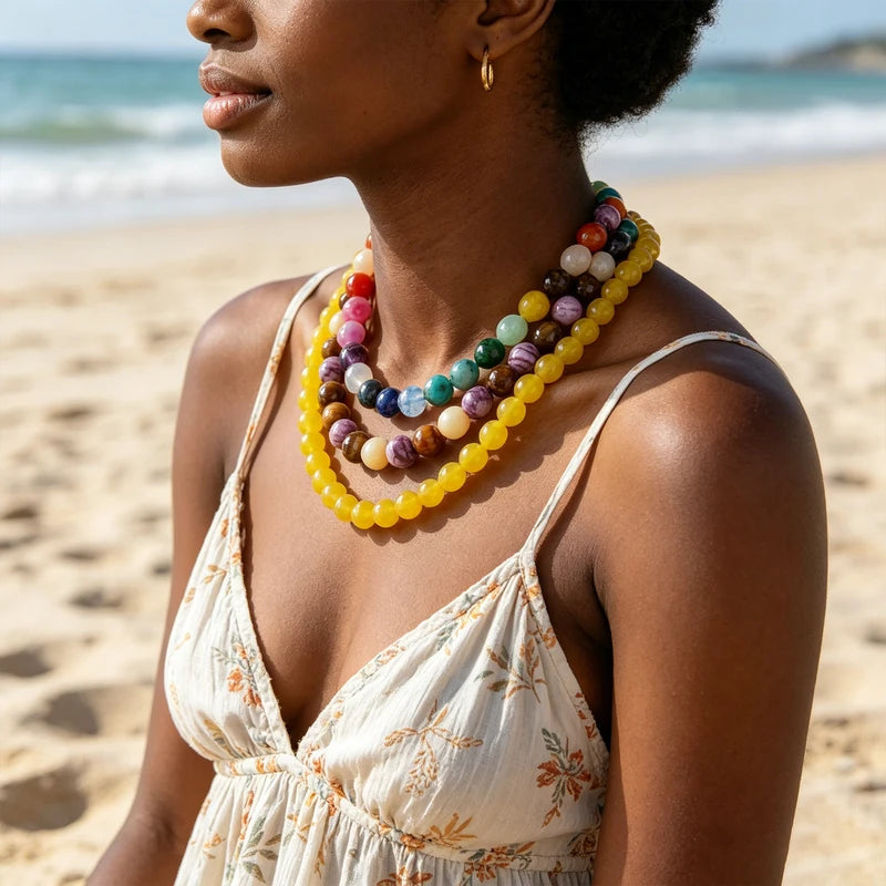 Bohemia Acrylic Chunky Beads Necklace with Zircon Pendant - Water Drop Shape, Y2K Beach Jewelry