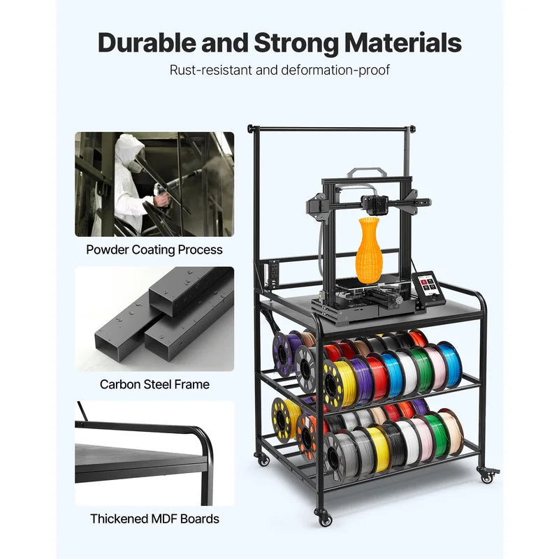 3-Tier Filament Storage Rack for 3D Printers with Wheels and Heavy Duty Steel Frame