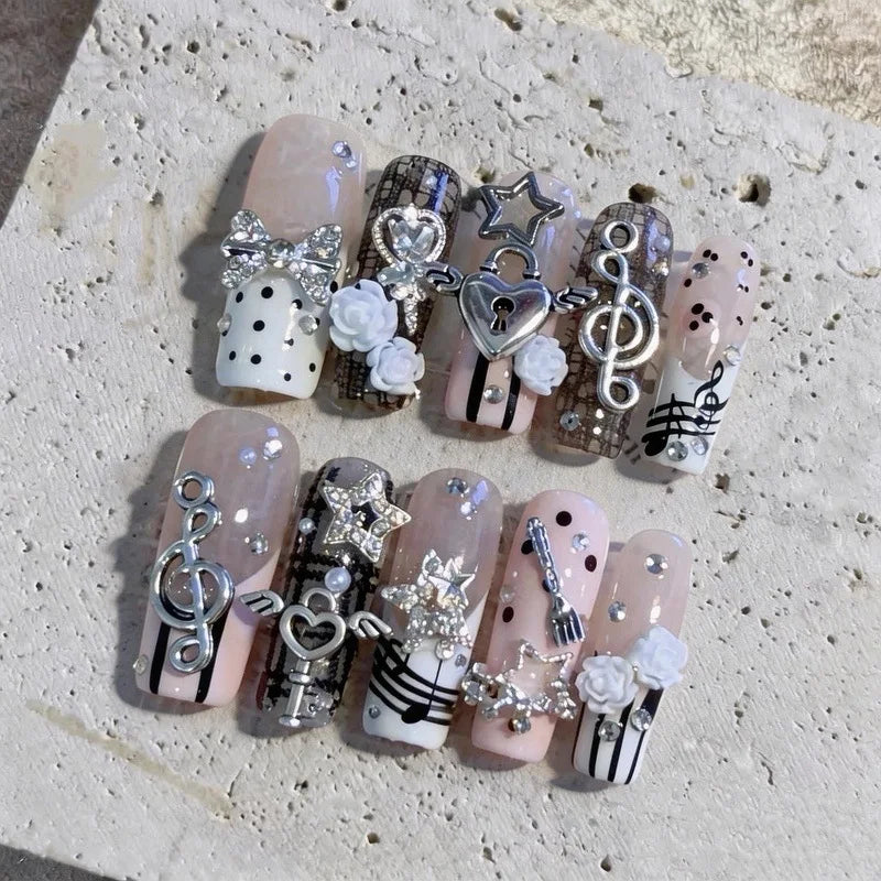 10 Pcs Long Fake Nails with Cute 3D Rabbit French Style White Tips - Handmade Press On Nails