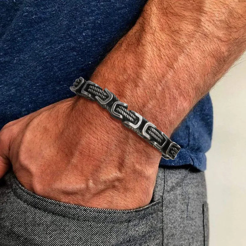 Stainless Steel Byzantine Bracelet for Men - Vintage Style Bold Square Links