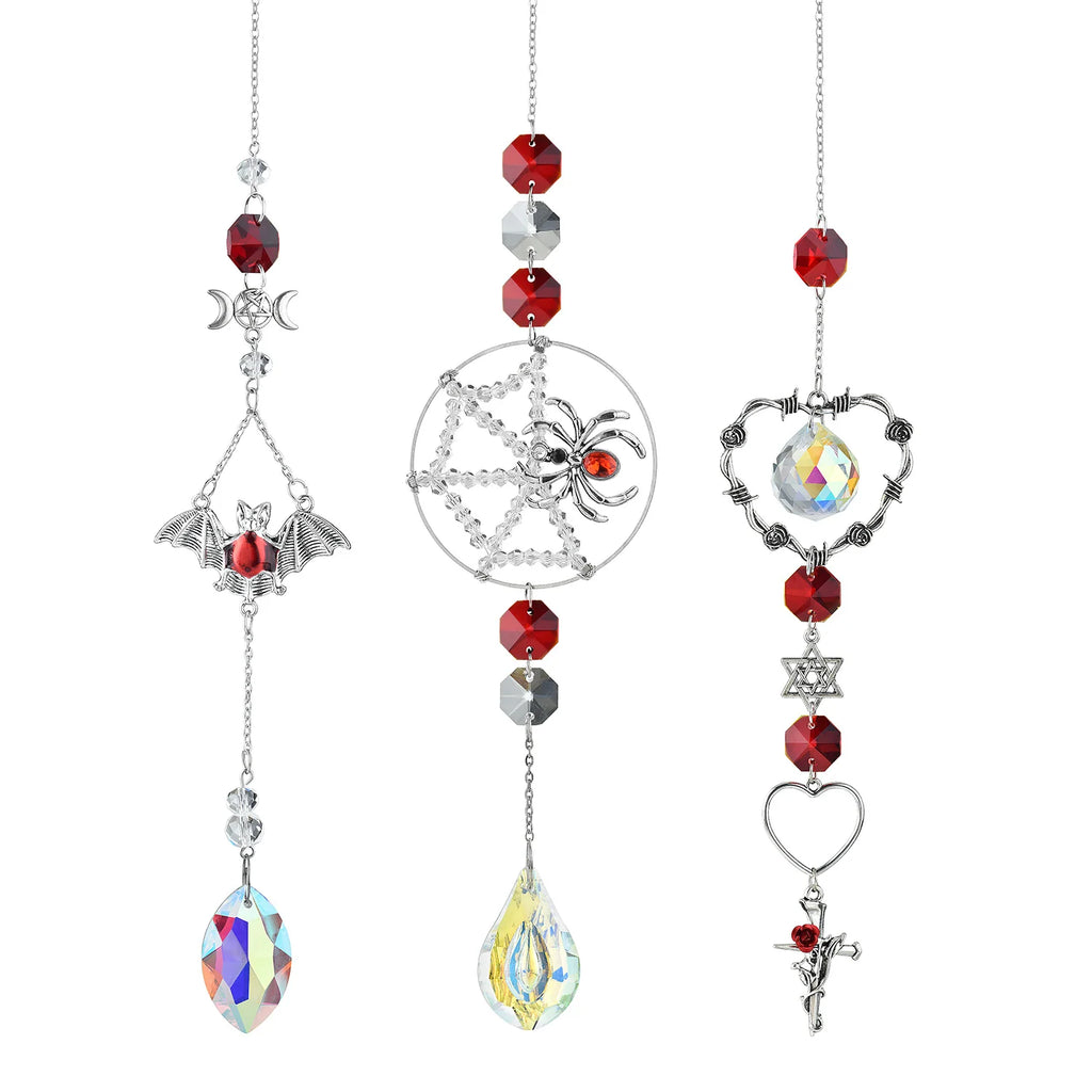 3pcs Gothic Spider Web Wind Chimes with Crystals Wall Decor for Halloween and Home Garden