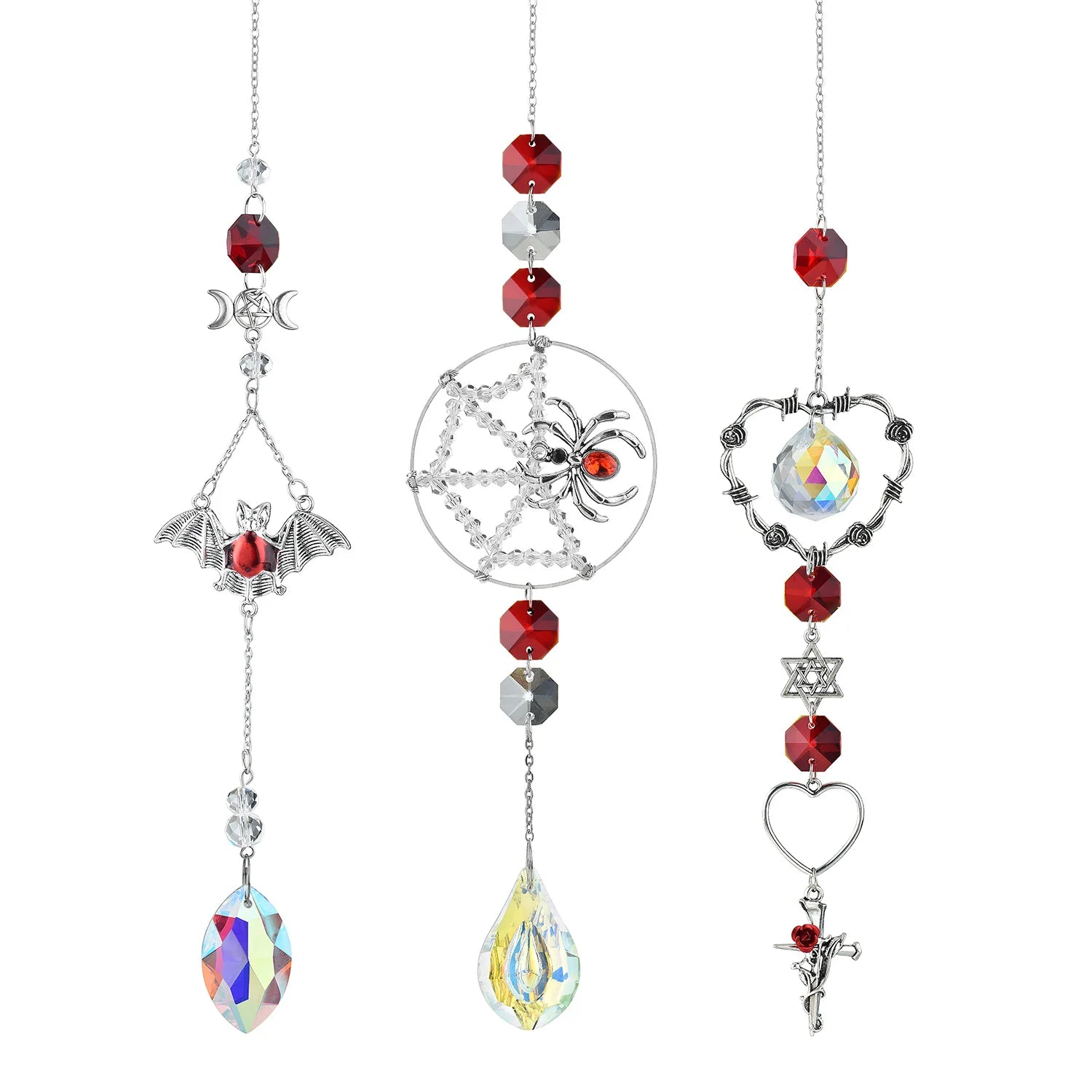 3pcs Gothic Spider Web Wind Chimes with Crystals Wall Decor for Halloween and Home Garden