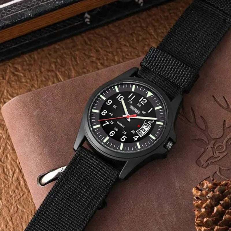 Men's Fashion Nylon Quartz Watch with Calendar - Military Army Style