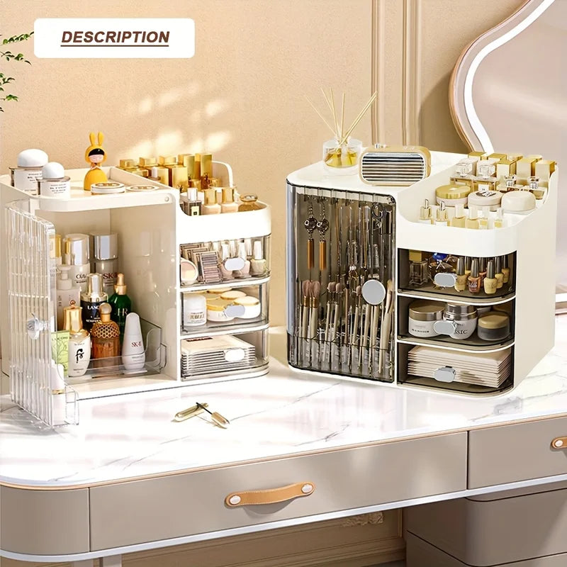 Beige Cosmetic Storage Box with 3 Drawers and Mirror - High Capacity Makeup Organizer