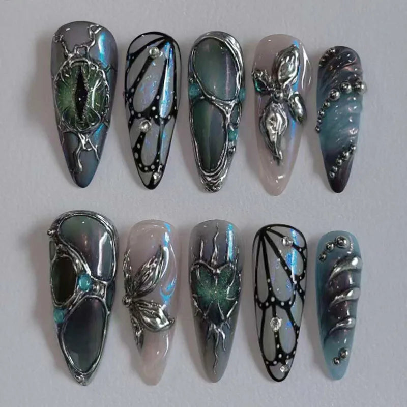 24Pcs Long False Nails with Almond Shape and Cat's Eye Silver Stripe Pattern — Press-On Nail Tips for Manicure