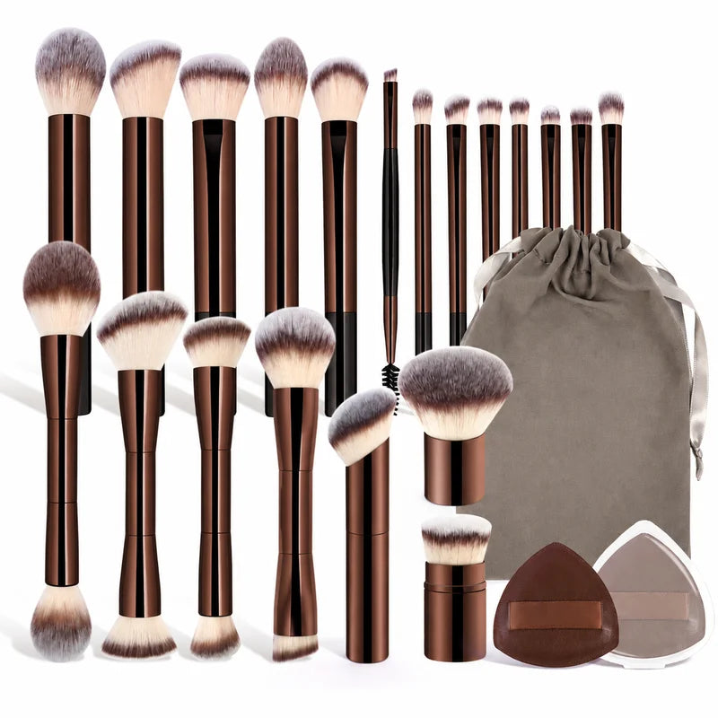 20-Piece Makeup Brush Set with Bag & Puffs, Dual-Ended Face & Eye Brushes, Soft Synthetic Bristles