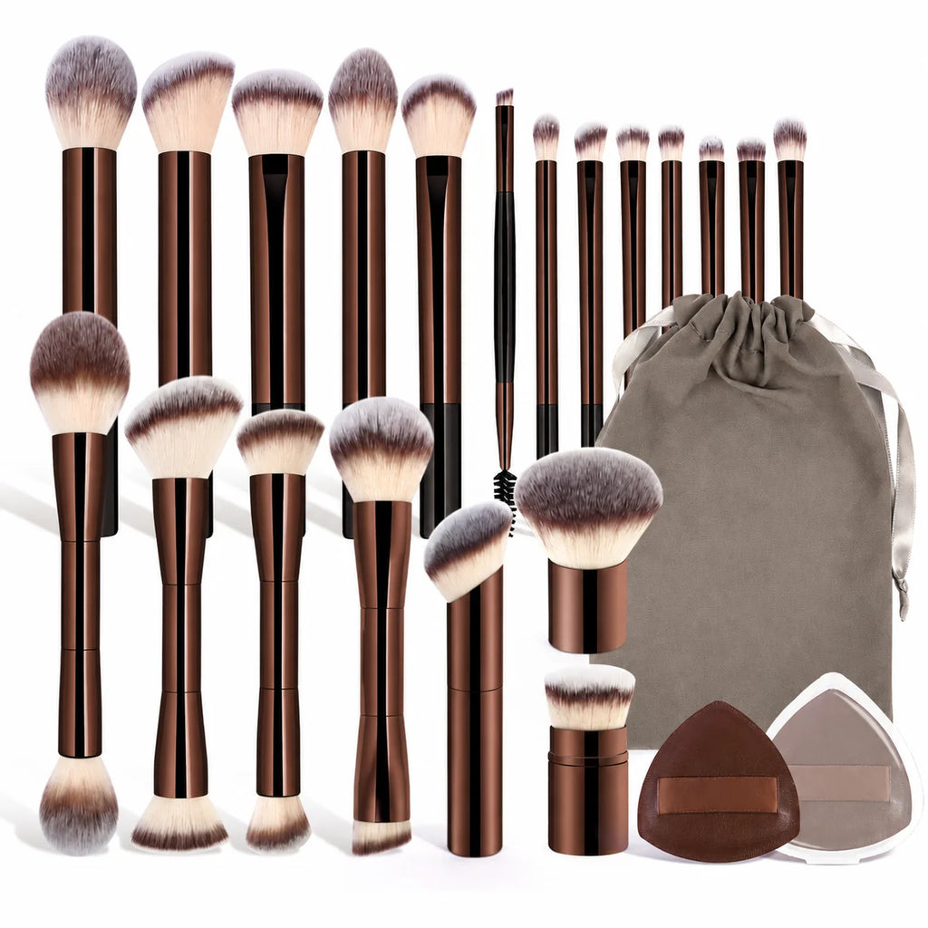 20-Piece Makeup Brush Set with Bag & Puffs, Dual-Ended Face & Eye Brushes, Soft Synthetic Bristles