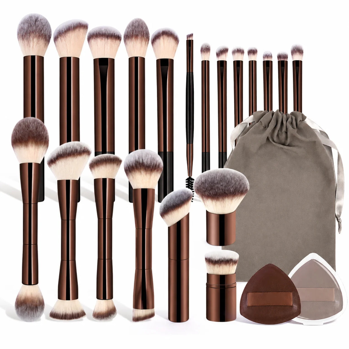 20-Piece Makeup Brush Set with Bag & Puffs, Dual-Ended Face & Eye Brushes, Soft Synthetic Bristles