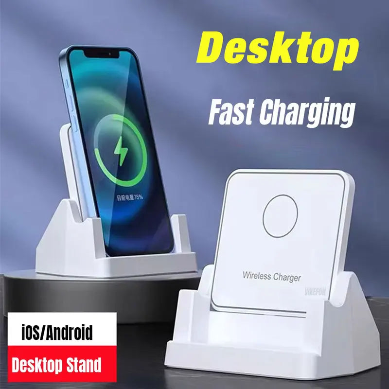 Wireless Charging Stand Dock for iPhone, Samsung, Xiaomi - Fast 15W, Removable Vertical & Horizontal Holder