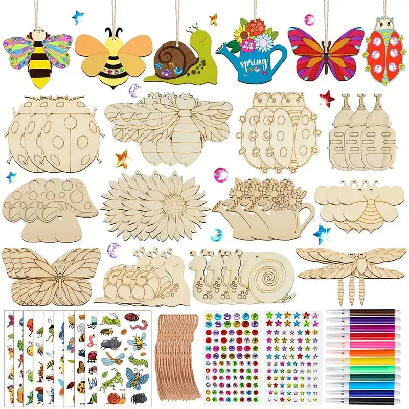 Kids Wooden Craft Kit with Paint Pens and Stickers - DIY Plant & Insect Shapes for Family Art & Garden Decor