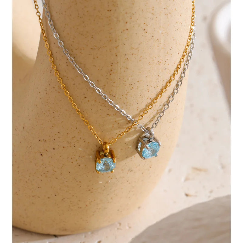 Stainless Steel Rose Flower Shape Drop Necklace with Zirconia - Korean Jewelry