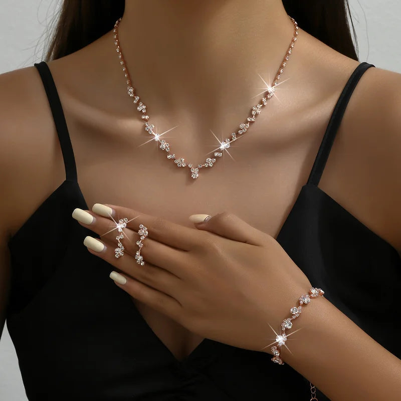4-Piece Women's Flower Jewelry Set with Necklace Earrings Bracelet Wedding Party Accessories
