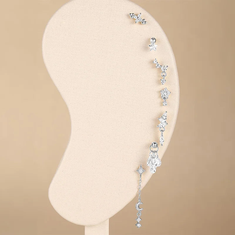 Sterling Silver Horse Earring with Zircon Star Flower Geometric Design - Women’s Stud Jewelry