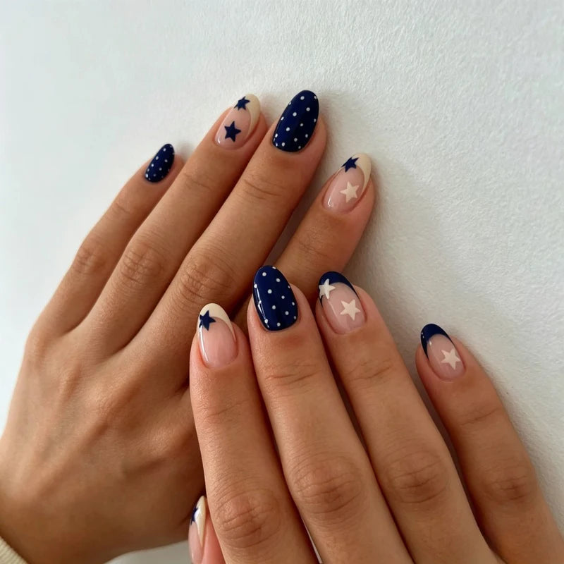 24pcs Oval Star Polka Dot Nail Stickers Set with Nail File & Jelly Gel - Nail Art Decor