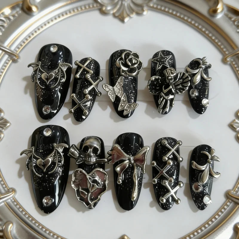 10 Pieces of Fake Almond-Shaped Nail Set - Gothic Wings & Roses
