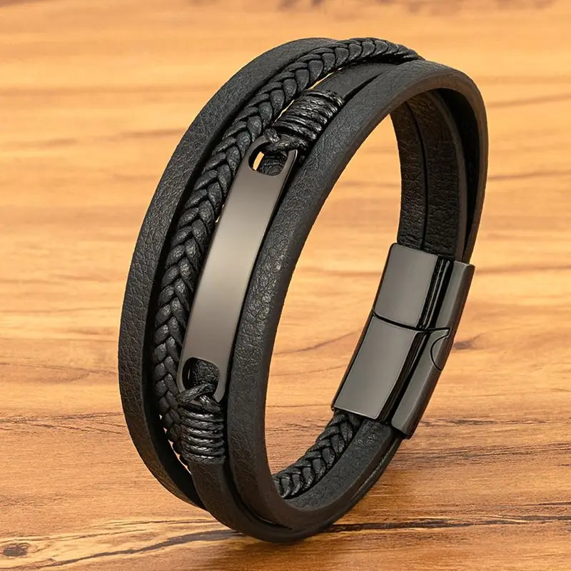 Multi-Layer Leather Wrap Bracelet for Men Stainless Steel Casual Jewelry